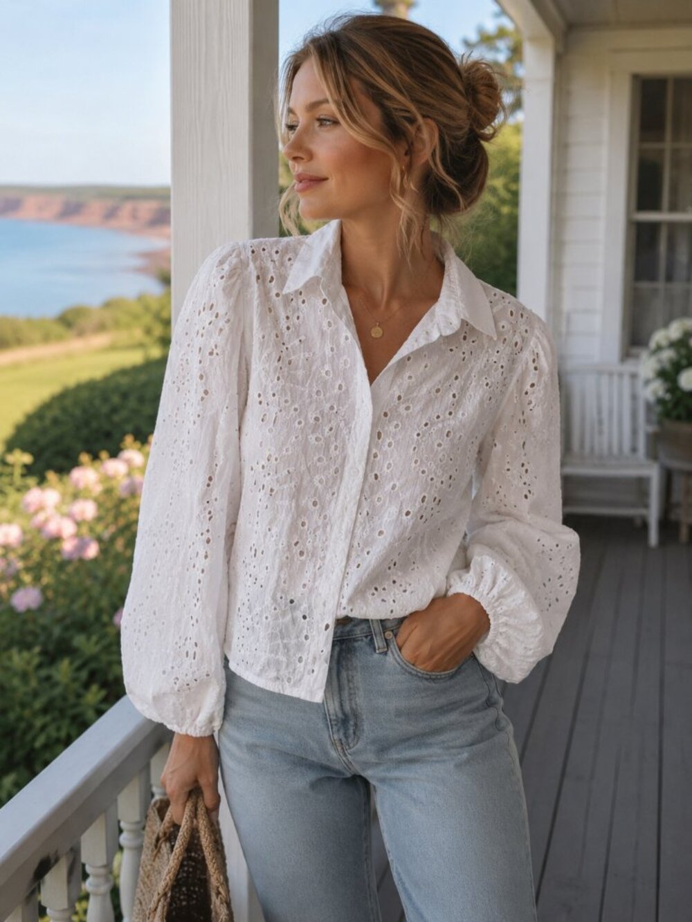 Ultra Pink White Eyelet Button Front Blouse L Cotton Puff Sleeve Collared Top